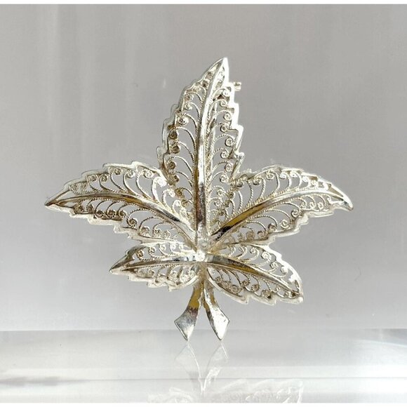 German Made FIligree Sterling Silver Vintage Handmade Maple Leaf Foliage Brooch - Picture 1 of 10